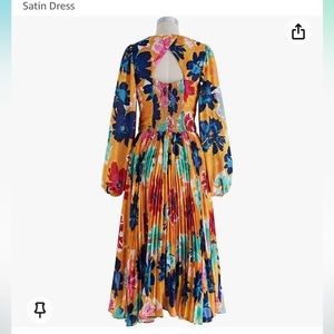 Women's Orange Floral Cut Out Back Pleated Satin Dress.
